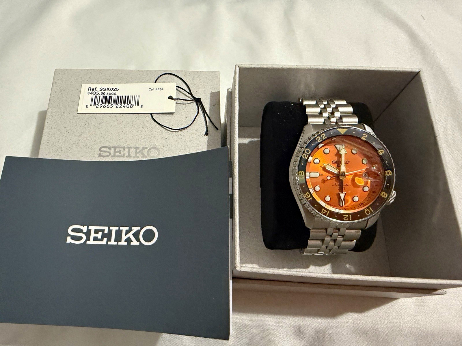 Seiko 5 Sports Automatic GMT Orange Dial Stainless Steel Bracelet Box Papers