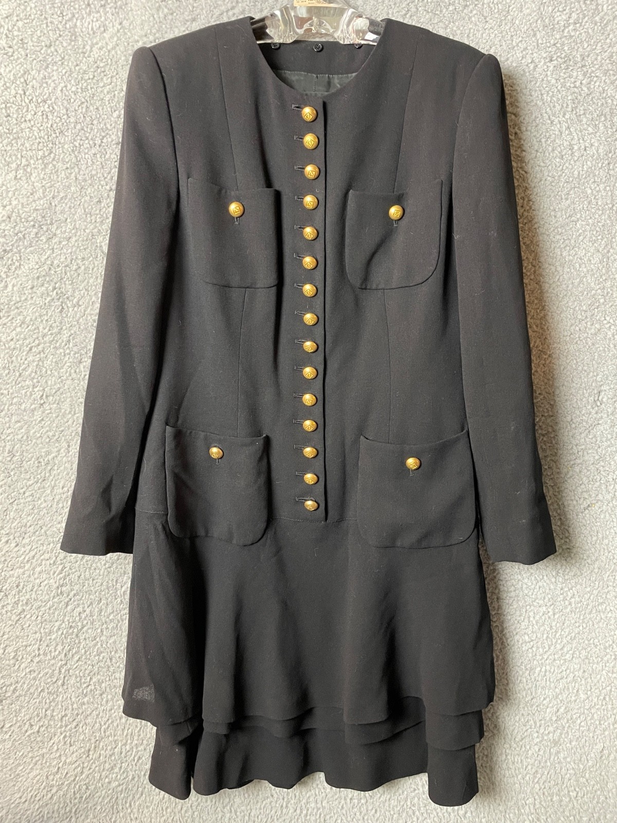 Vintage Rena Lange 8 Black Wool Dress Gold Tone Buttons Tiers 90s Luxury Designe Vintage Rena Lange 8 Black Wool Dress Gold Tone Buttons Tiers 90s Luxury Designe