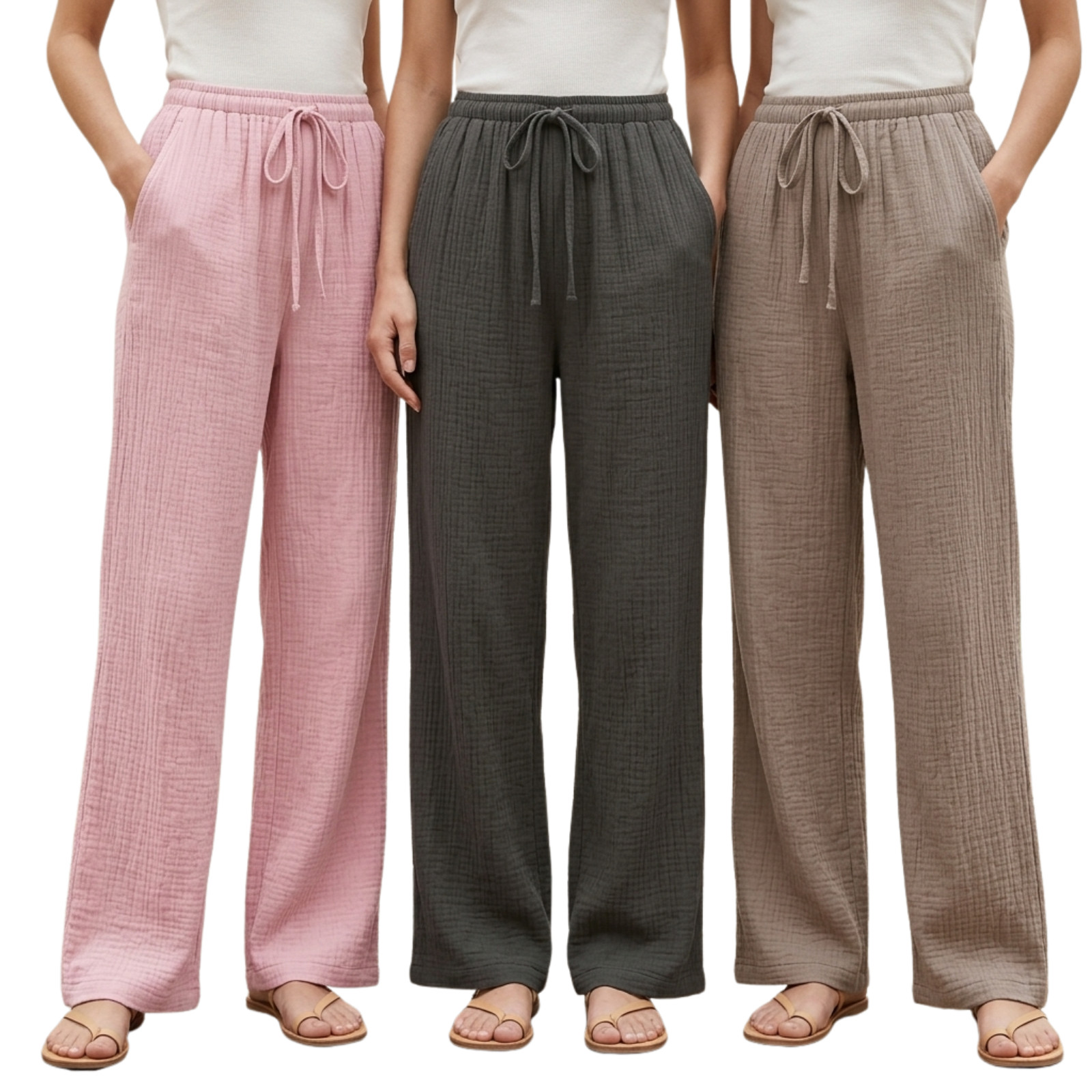3‑Pack Women Elastic Drawstring Wide Leg Pants Loose Trousers with Pockets
