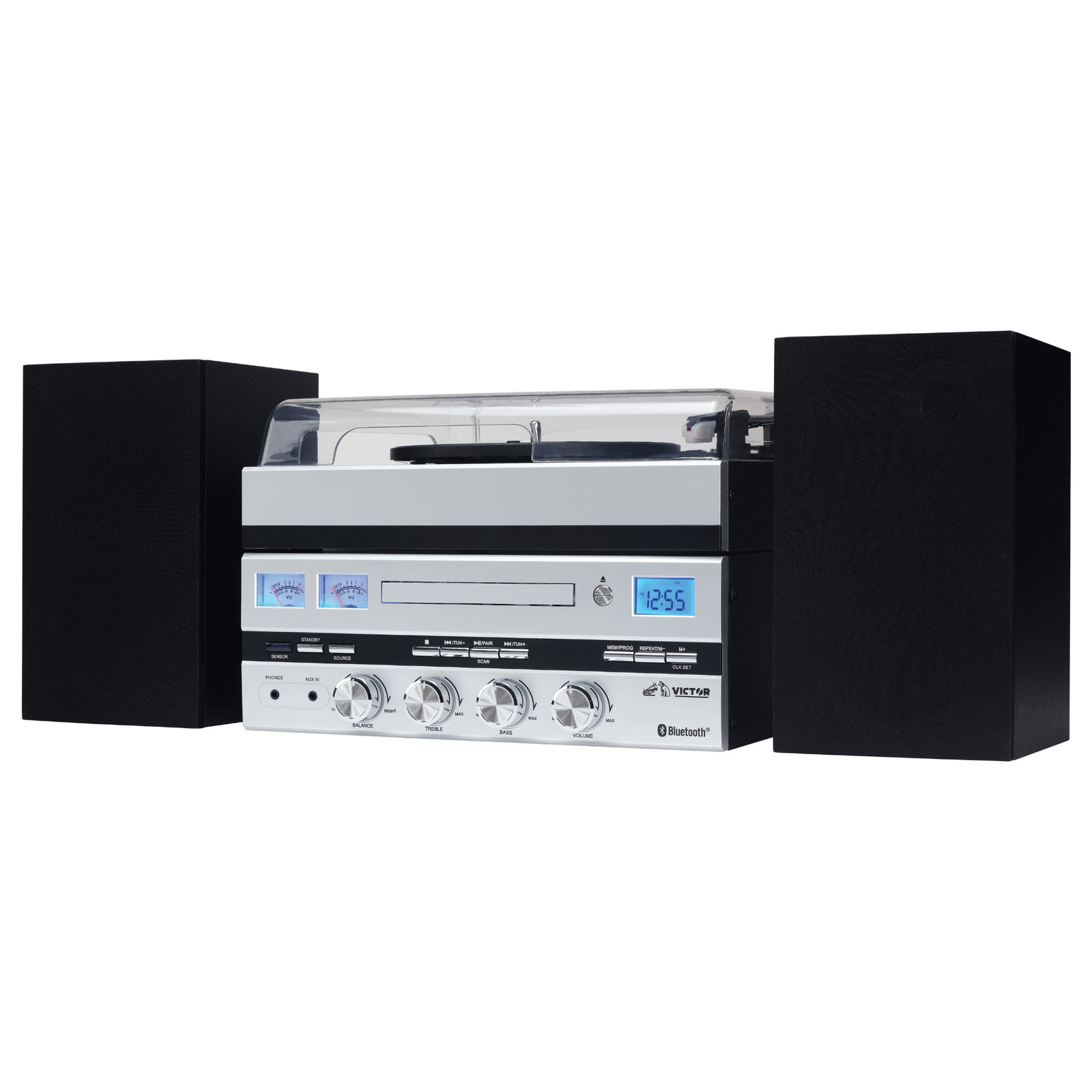 Victor Geneva 5-in-1 Desktop Music Center w 3-Speed Record Player and FM Radio