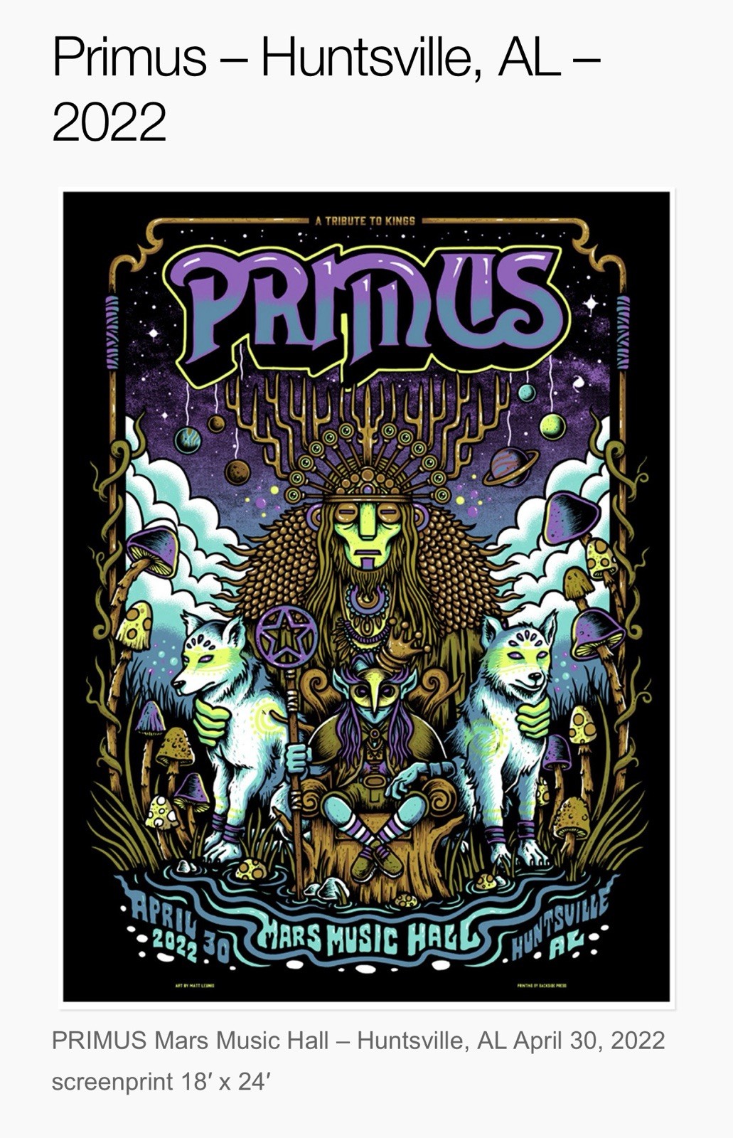 Primus - Huntsville, AL. April 30th, 2022. Autographed By Band. #127/220. Primus - Huntsville, AL. April 30th, 2022. Autographed By Band. #127/220.