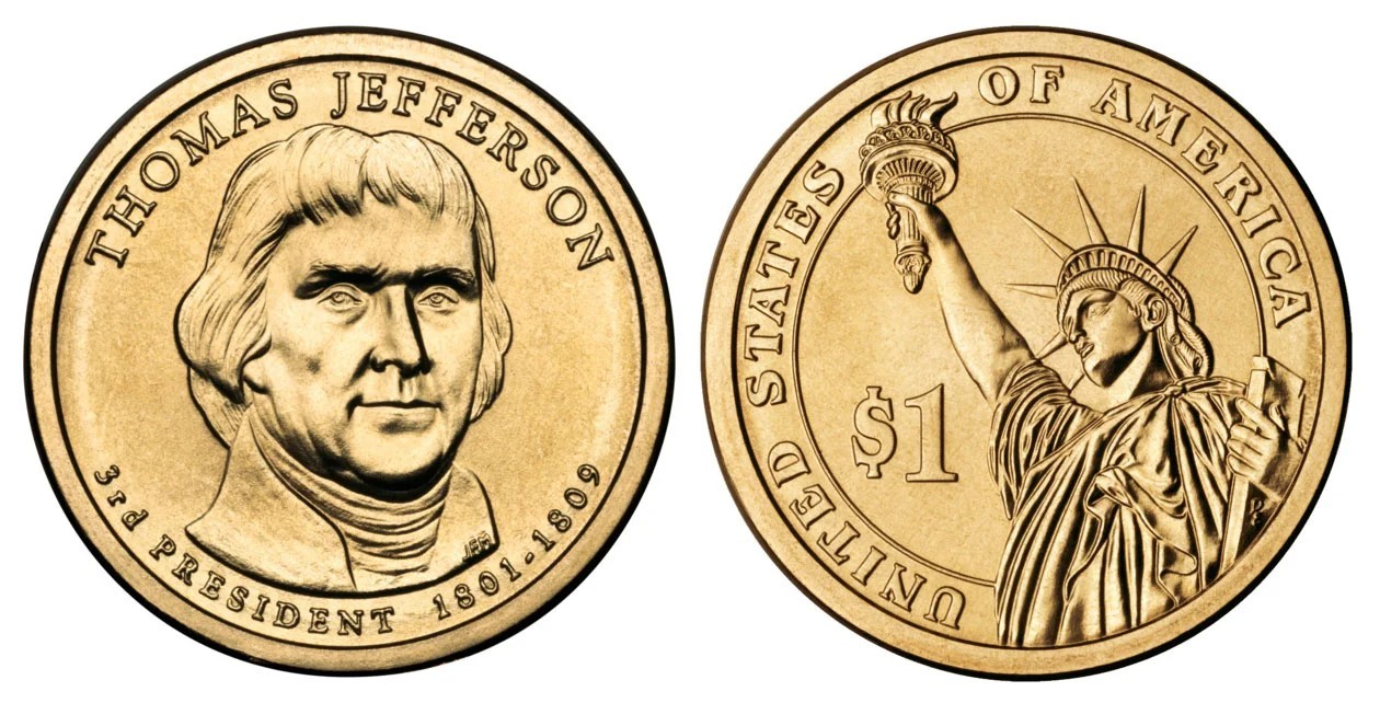 2007 P&D Thomas Jefferson Presidential $1 Golden Dollar Coin – Circulated/Shiny