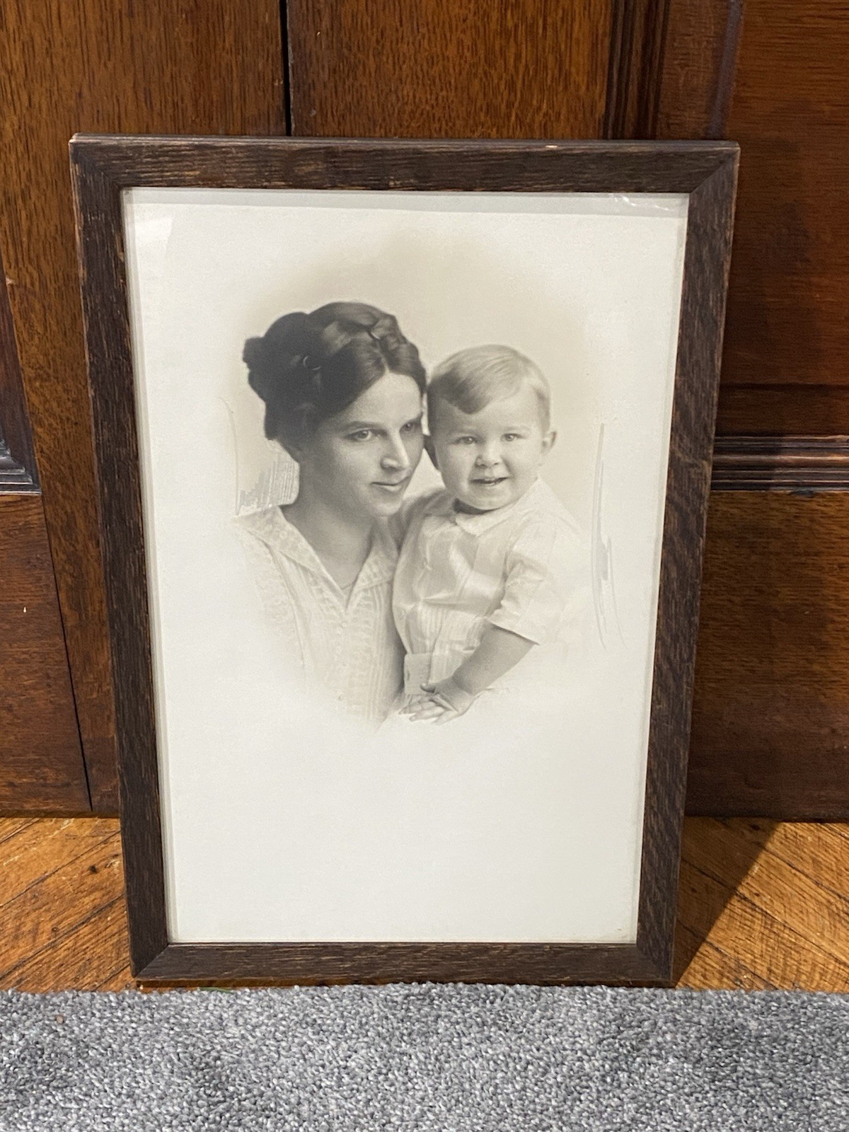Antique 1920 Real Life Portrait Photograph Woman Mother & Child Framed 10x16