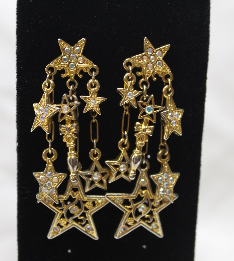 Kirks Folly Rhinestone Stars Dangle Earrings AB Stone Gold Tone