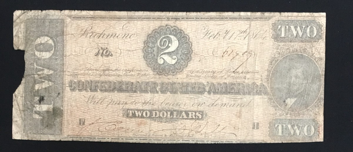 1864 Civil War Two Dollar Confederate Bill