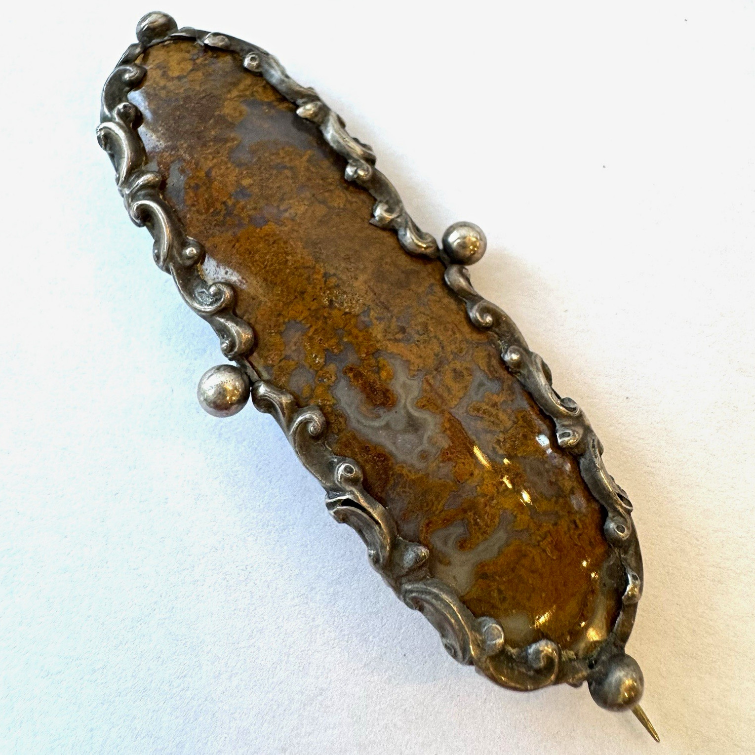 1840s GEORGIAN Scottish Moss Agate Brooch w Silver Scroll Work Antique Victorian