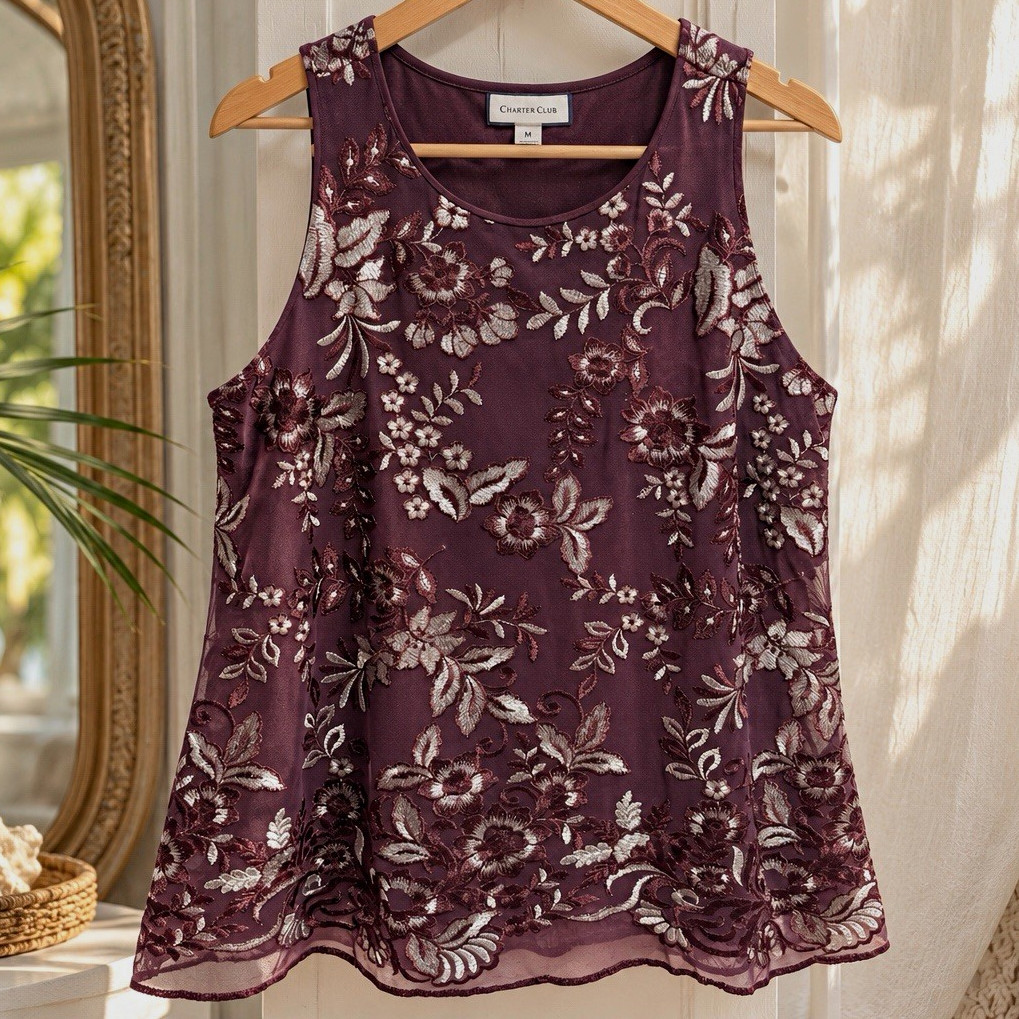 Charter Club Womens Medium Plum Metallic Floral Embroidered Sleeveless Tunic Top
