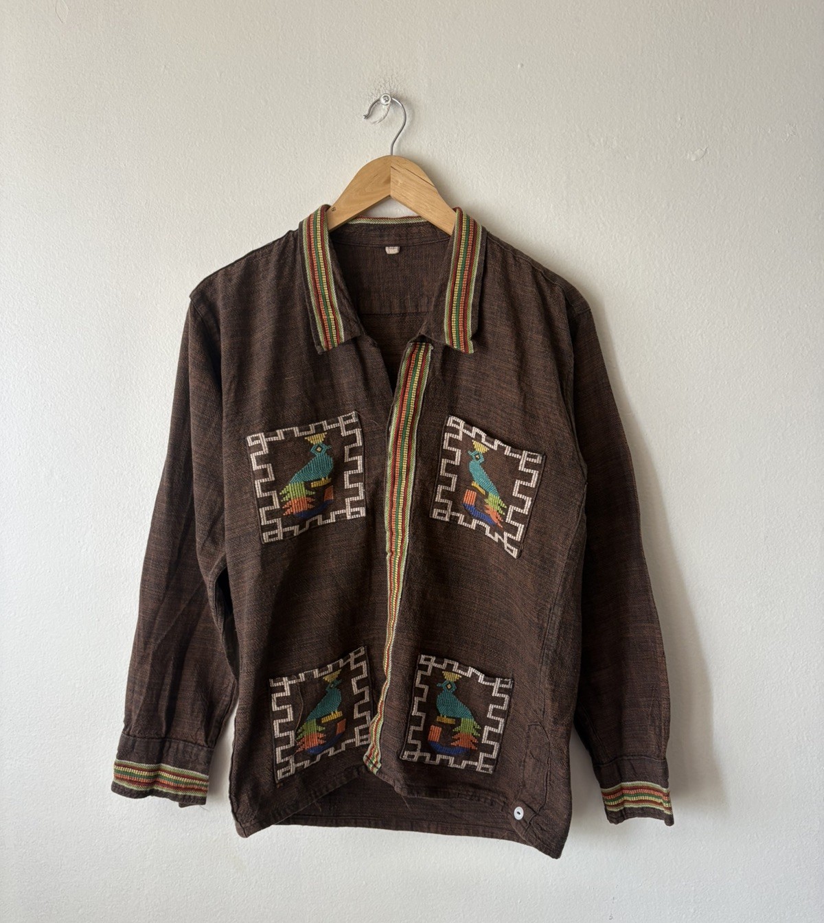 Vintage Guatemalan Huipil Jacket Shirt Bird Embroidered Mayan Boho Folk Art Sz S