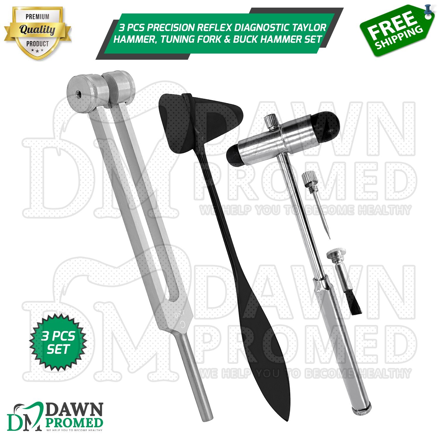3 Pcs Precision Reflex Diagnostic Taylor Hammer, Tuning Fork & Buck Hammer Set
