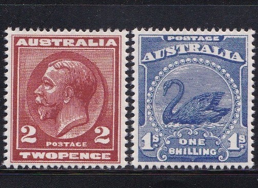 AUSTRALIA Unissued 1914 KGV & Black Swan Set MNH Reproduction Stamp sv