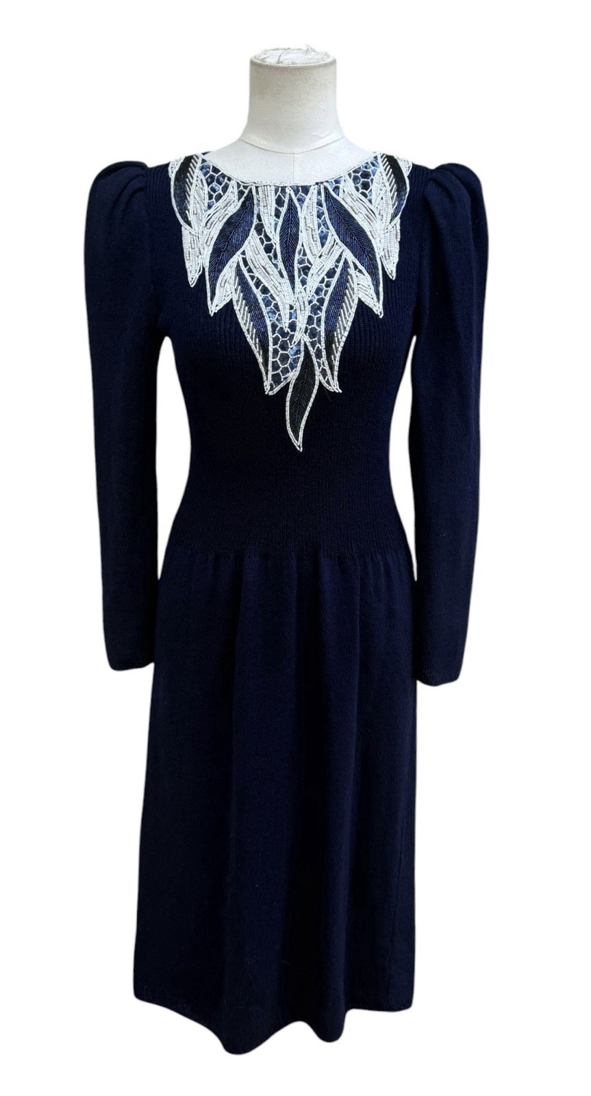 Vintage Pat Sandler Saks Fifth Avenue Navy Beaded Sequin Puff Sleeve Dress 8