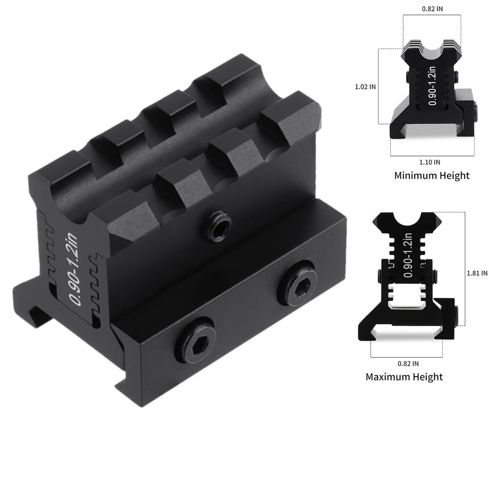 Adjustable Height Picatinny Riser Mount 3 Slot 0.9-1.2in Raise for Red Dot Scope