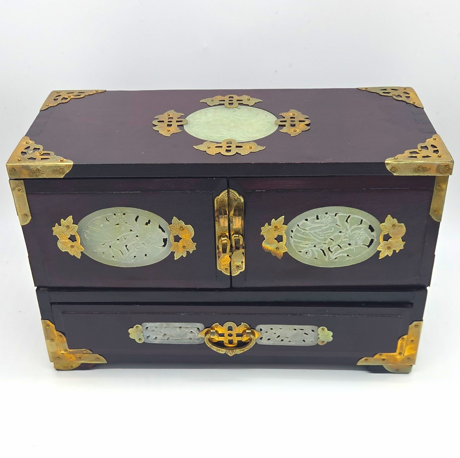 Vintage Chinese Wood & Carved Jade Jewelry Box Armoire - 100% Complete Set