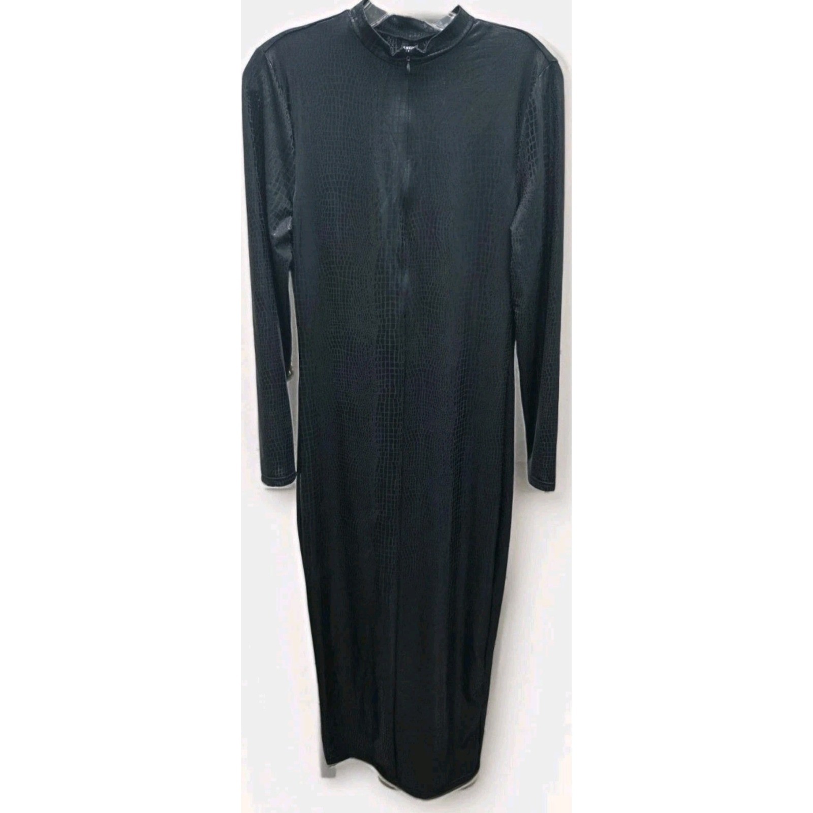 SHEIN SXY Black Crocodile Embossed Zip Front Long Sleeve Bodycon Dress XL