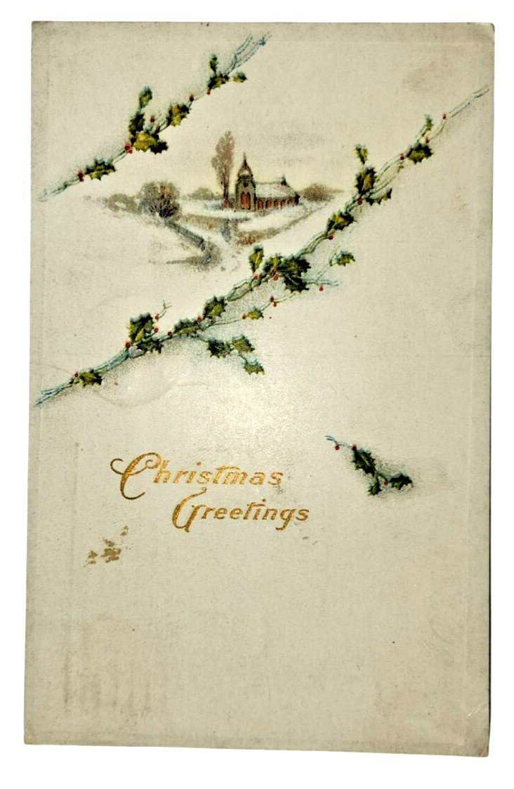 Antique 1915 Christmas Postcard Church Snow Holly Gold Embossed Painesville OH