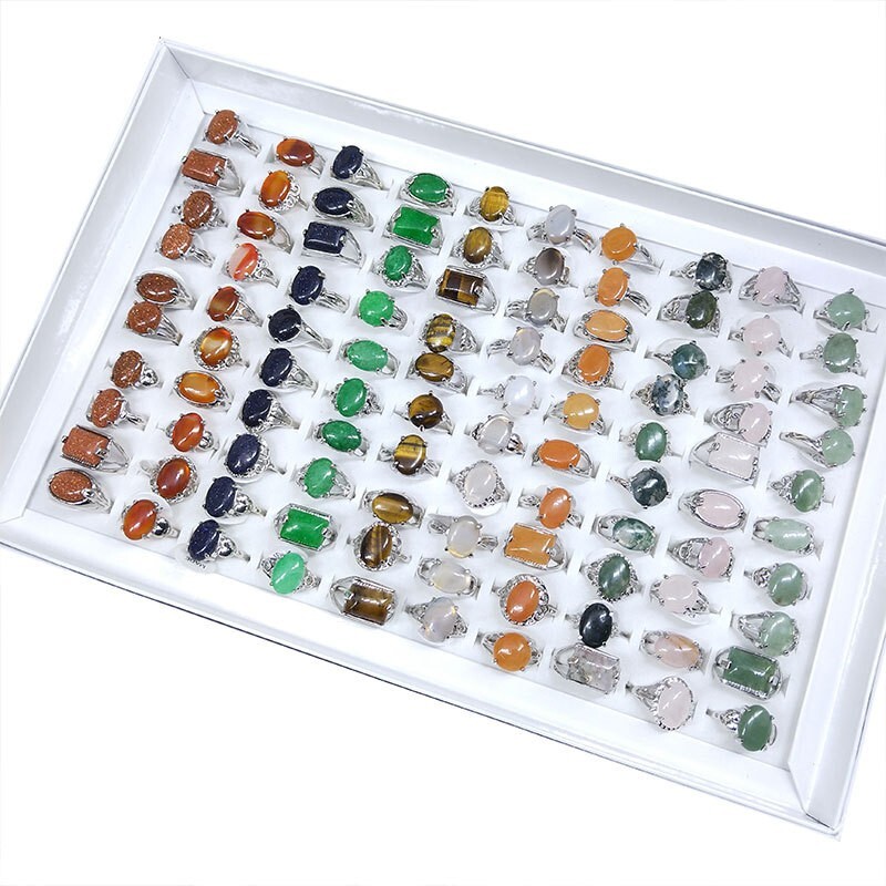 Wholesale 100Pcs Lot Mixed Ring Natural Stone Rings Women Gemstone Jewelry Bulk