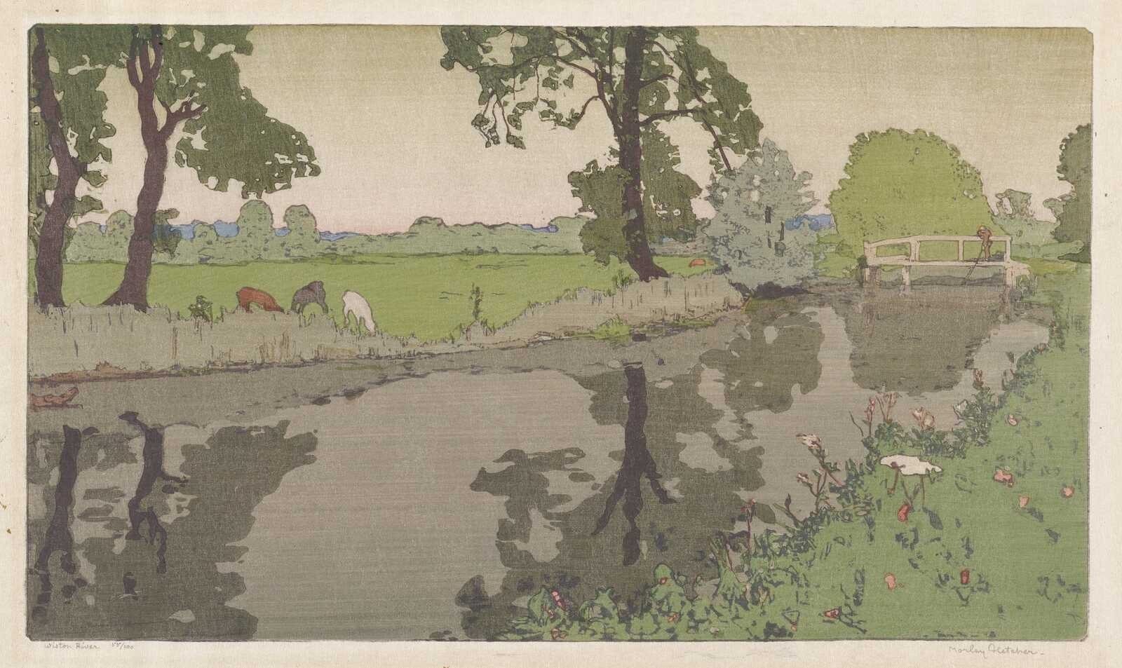 Frank Morley Fletcher : Wiston River :  Arts and Crafts : Woodcut Print