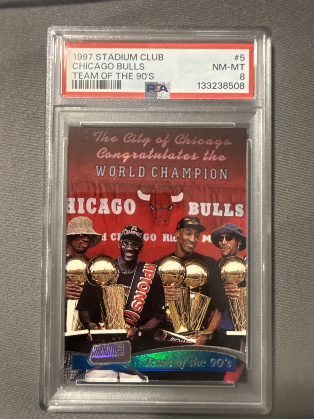1997-98 Topps Stadium Club Bulls - Team of the 90s #5 PSA 8 1997-98 Topps Stadium Club Bulls - Team of the 90s #5 PSA 8
