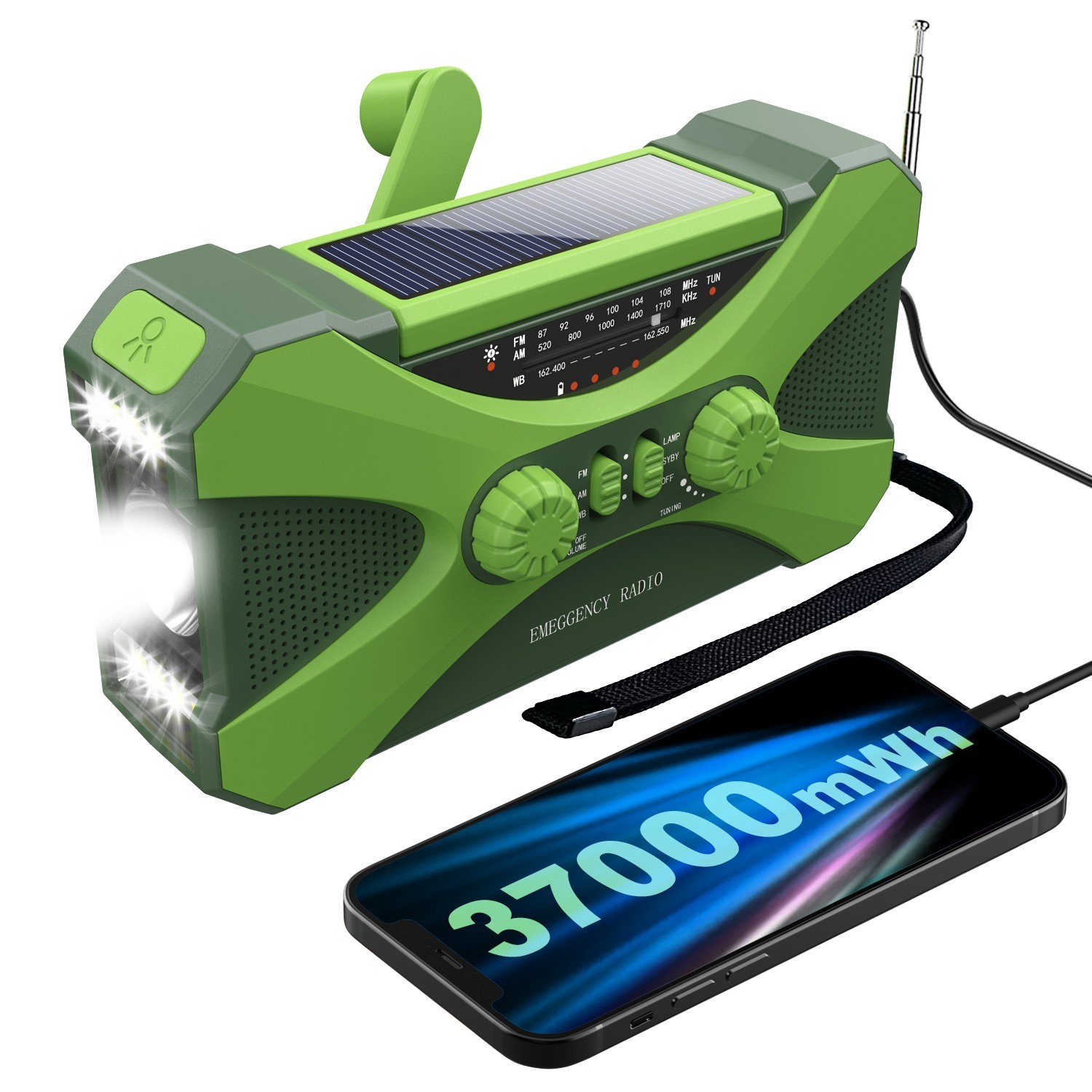 UMUTOO EM01 NOAA Emergency Radio AM/FM/WB Hand Crank Solar Powered 10000mAh