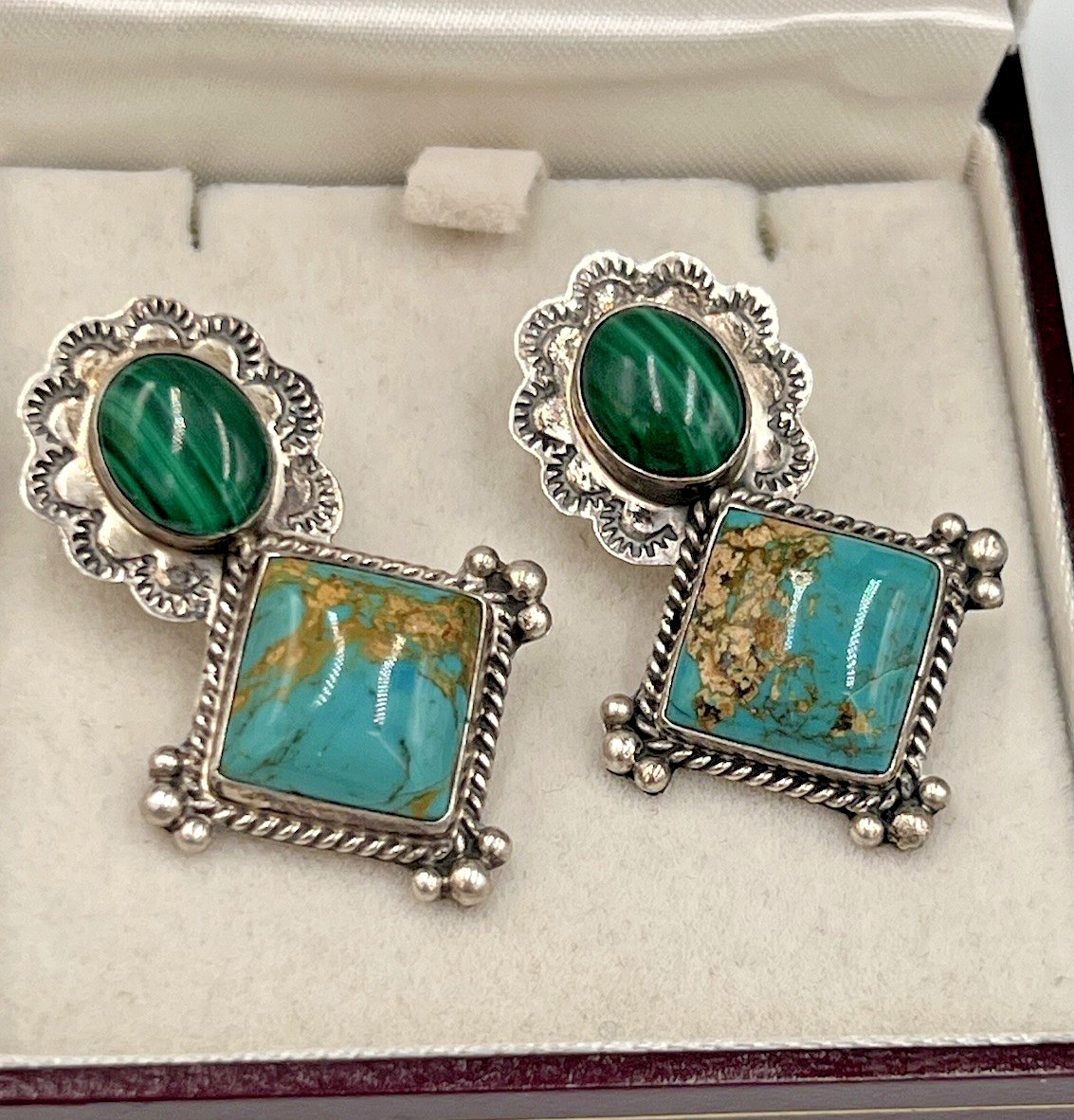 Vtg Etta Endito Sterling Stud Earrings, Turquoise & Malachite, Navajo 11.5 Grams
