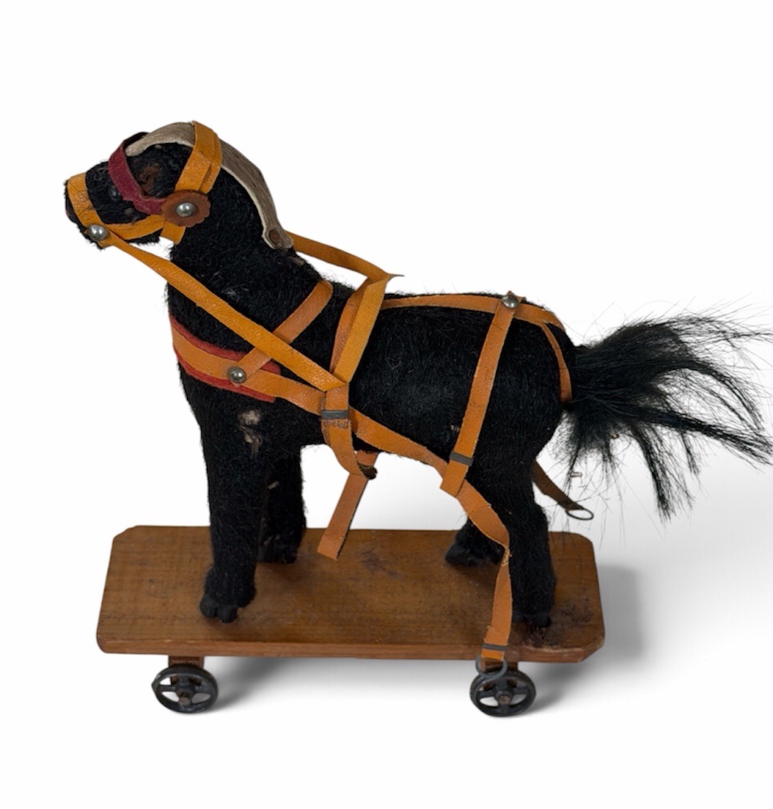 Antique German Mohair Horse Pull Toy Wood Wheeled Platform Germany Marked