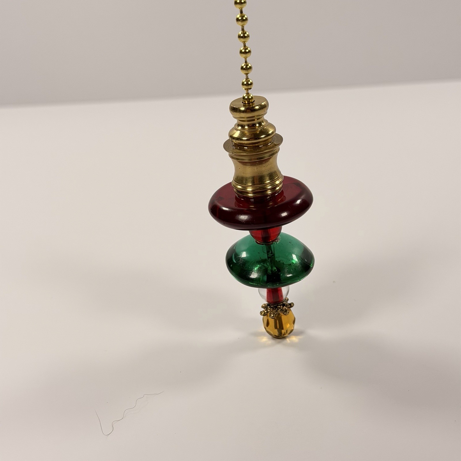 Vintage Handcrafted Glass Light Pull Chain Red Green Clear Yellow Brass 3.25 In