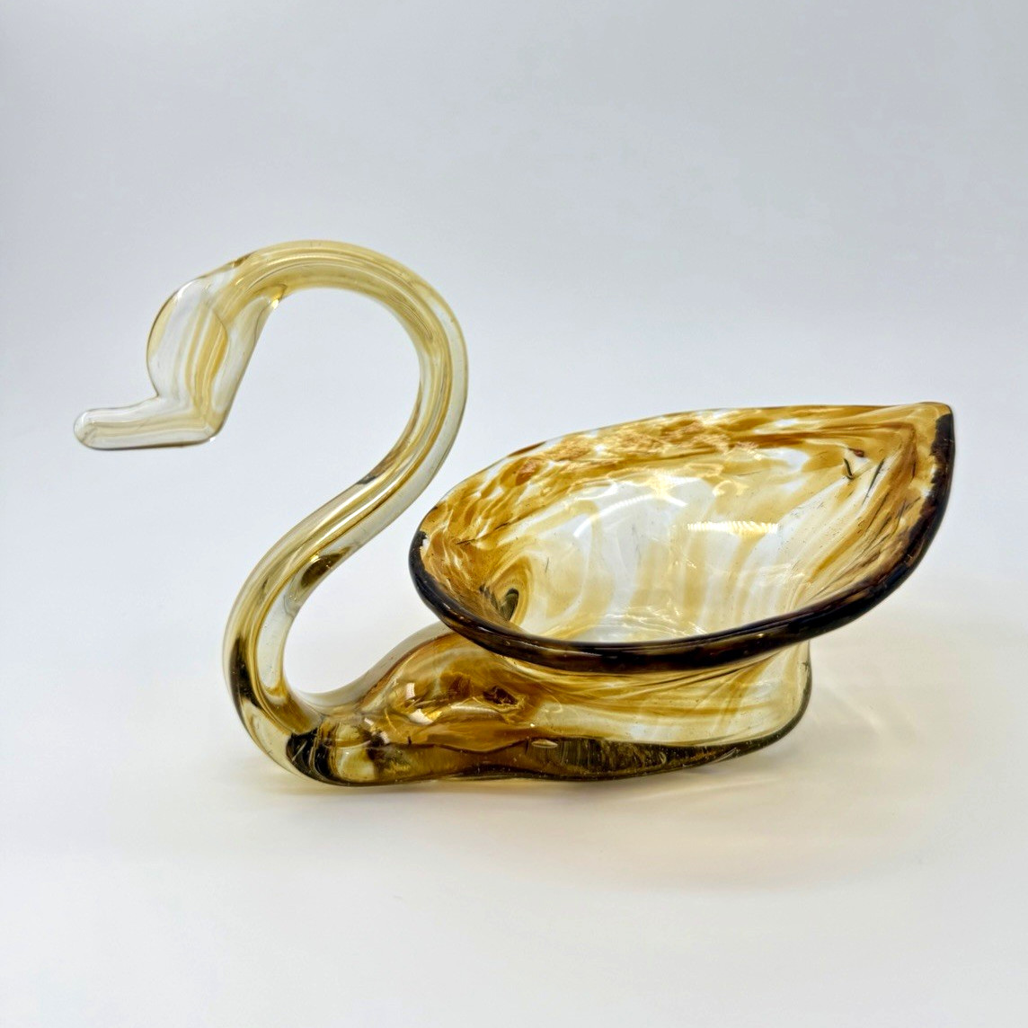 Vintage Hand Blown Art Glass Swan Dish Amber Brown Slag Glass Mid Century 6.5”