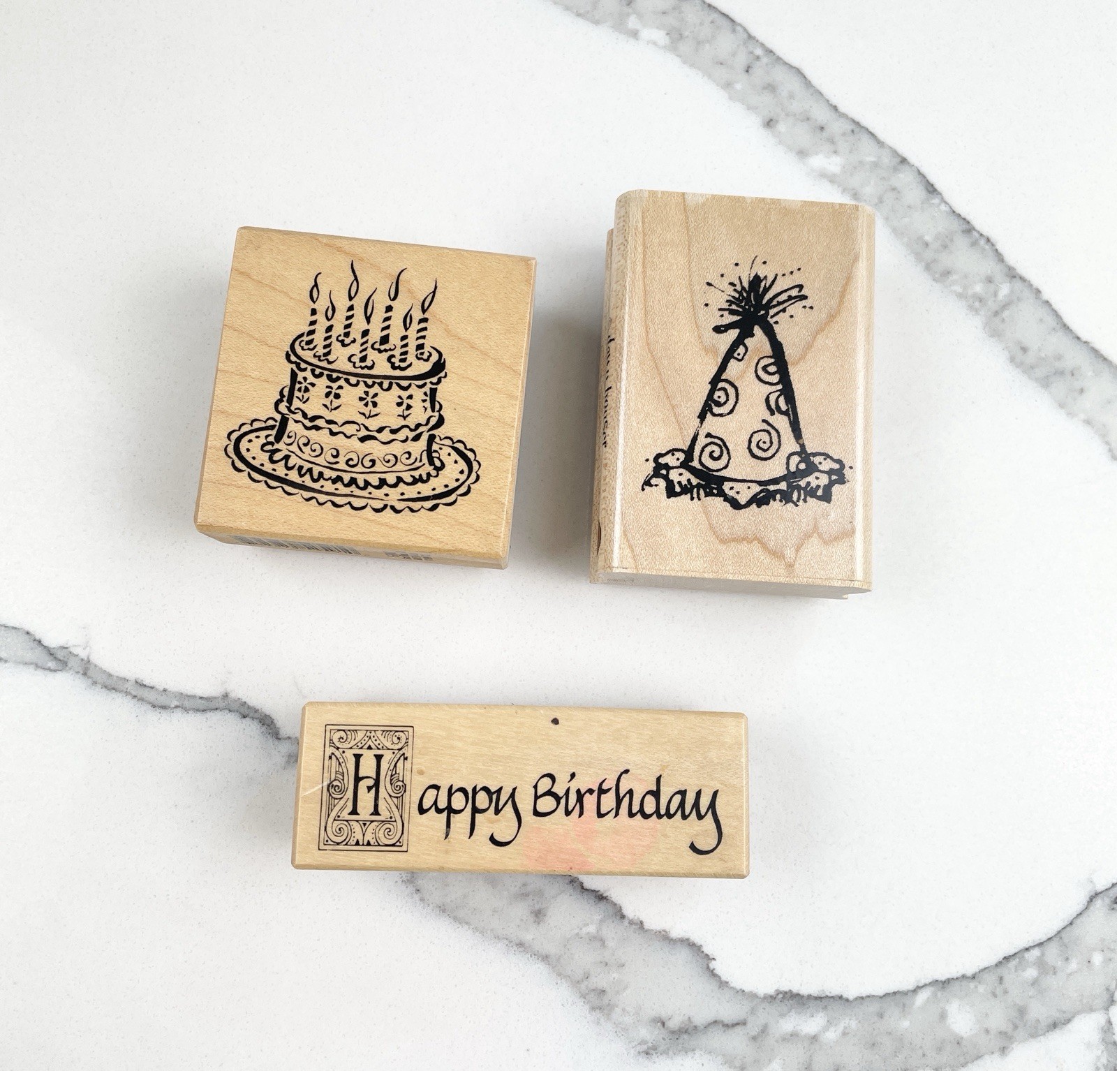 Vtg PSX Inkadinkado Happy Birthday Wood Rubber Stamp Set 