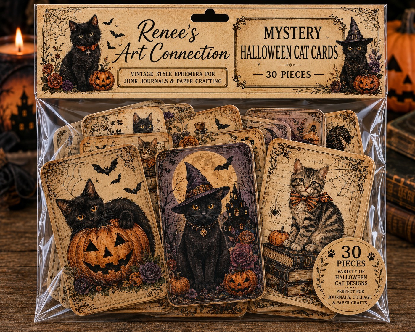 Halloween Cat Cards Mystery Pack 30 Pieces Junk Journal Ephemera