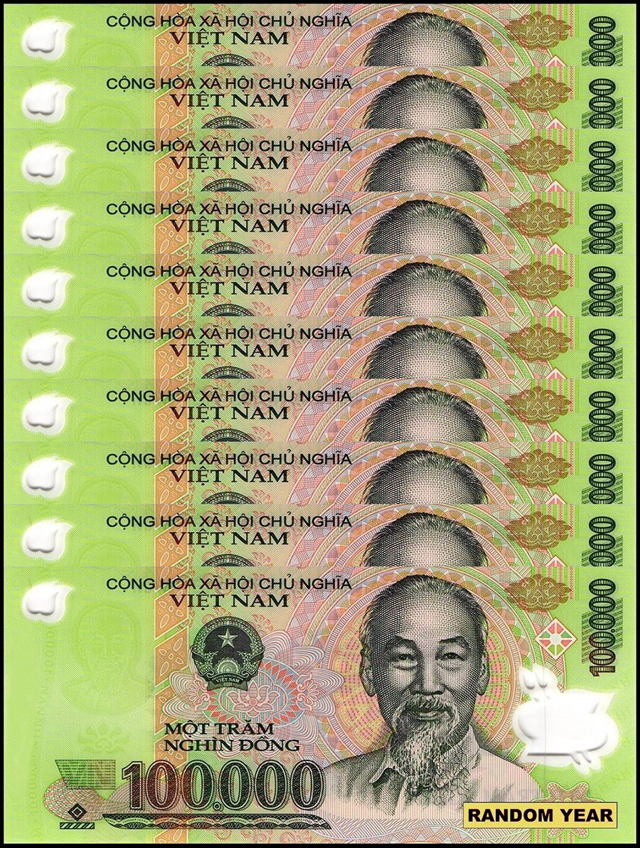 10 x Vietnam 100,000 Dong VND Banknote, UNC, Polymer USA SELLER COA 10 x Vietnam 100,000 Dong VND Banknote, UNC, Polymer USA SELLER COA