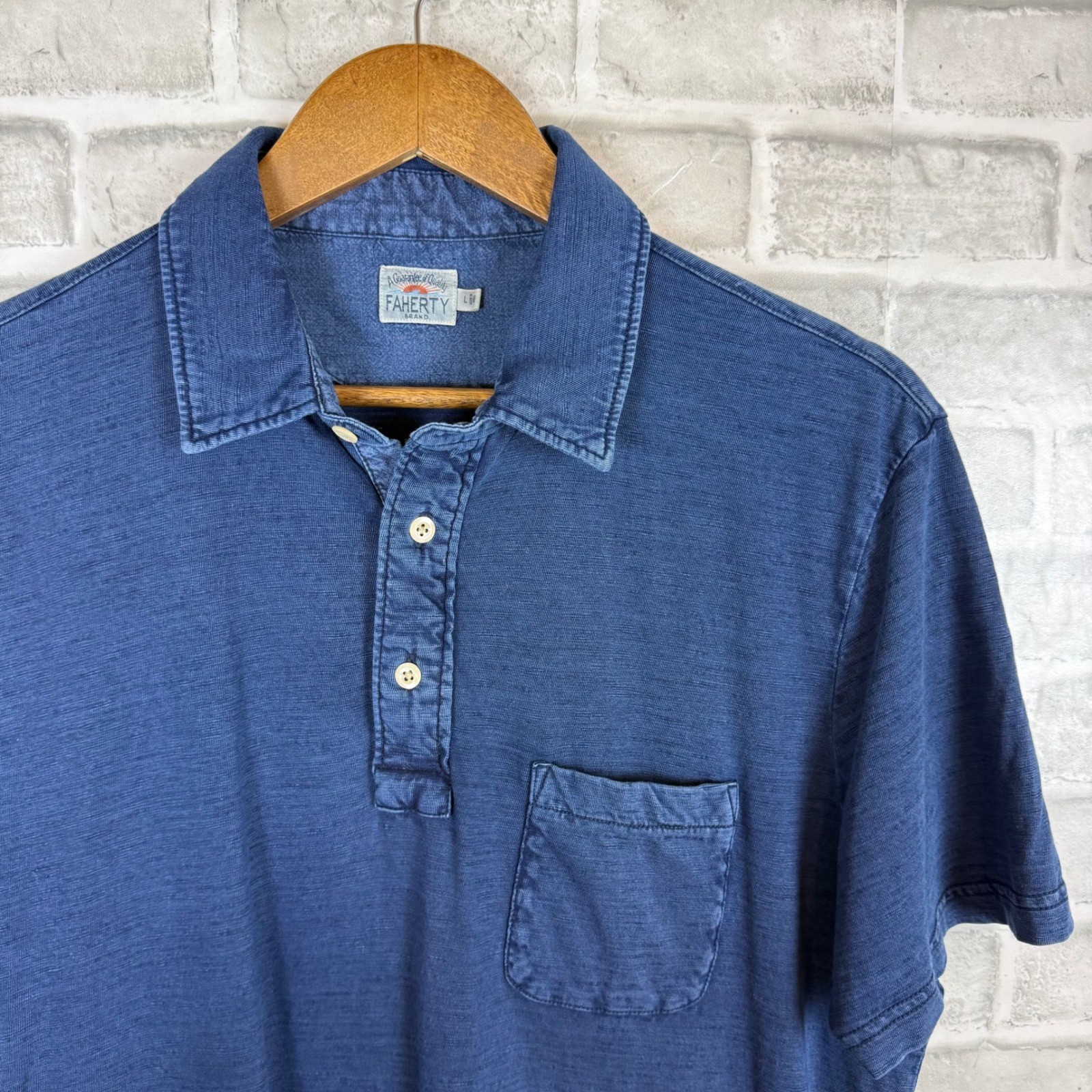 Faherty Brand Mens Large Indigo Blue Organic Cotton Slub Knit Pocket Polo Shirt
