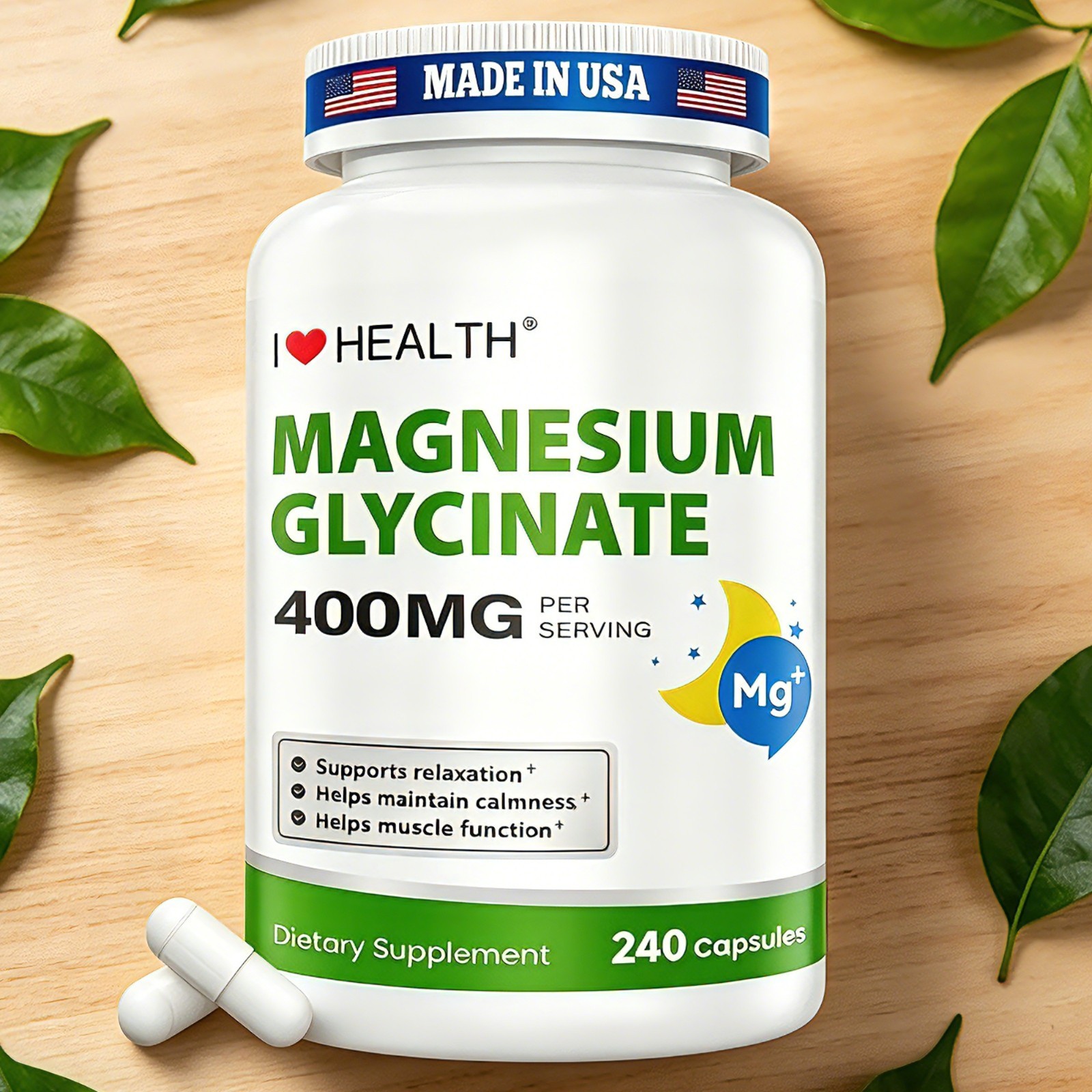 Magnesium Glycinate 400mg - 240 Capsules (240 Day Supply) - Supports Muscle