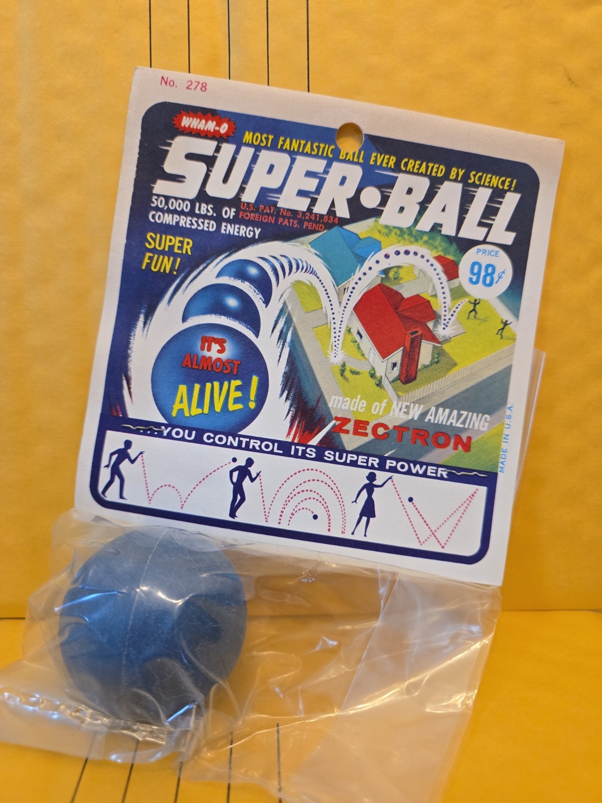 Vintage 1965 Wham-O Super Ball, No. 278, still sealed in original packaging Blue