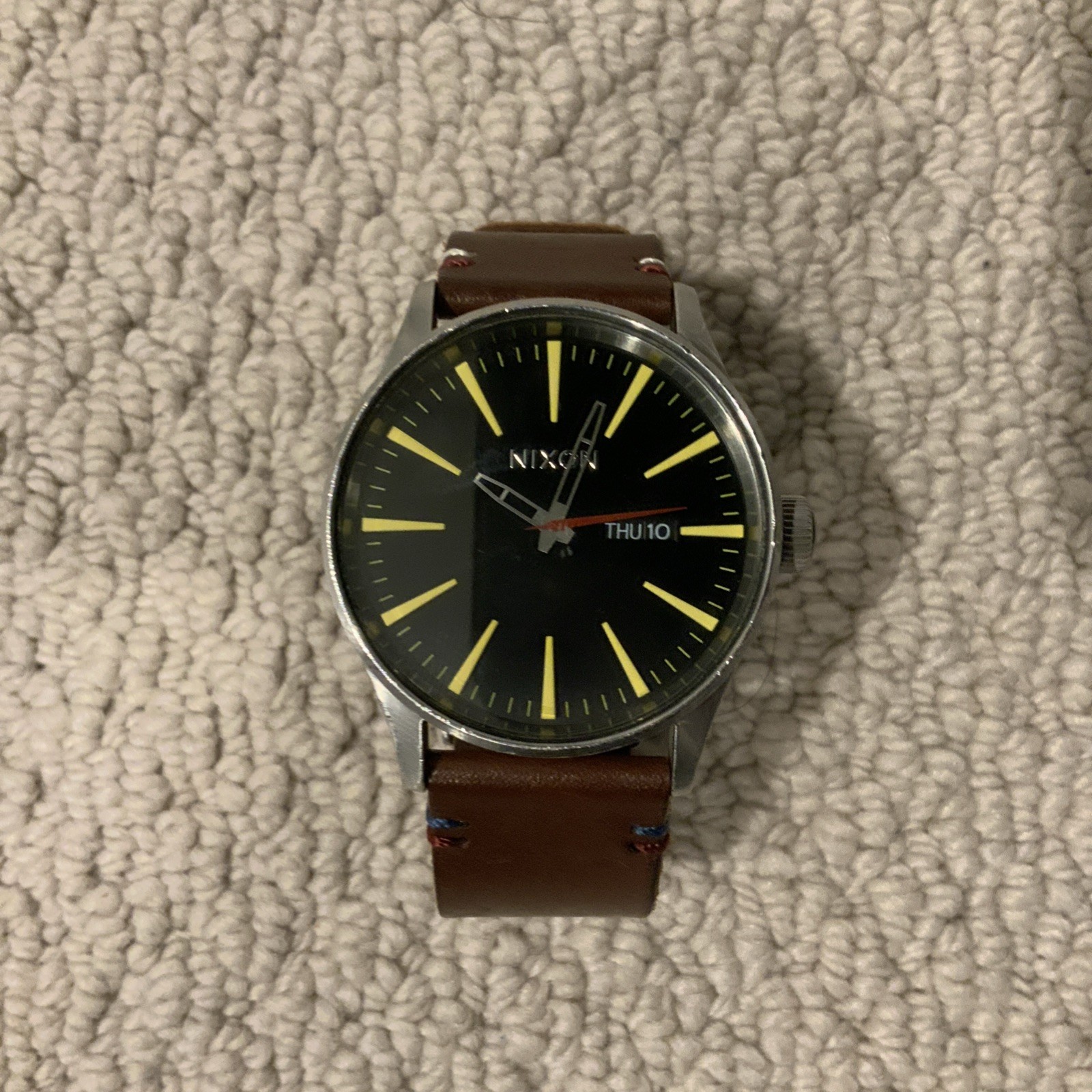 Nixon The Sentry 42mm Day/Date Watch Silver Brown Leather Black Yellow A105-019 Nixon The Sentry 42mm Day/Date Watch Silver Brown Leather Black Yellow A105-019