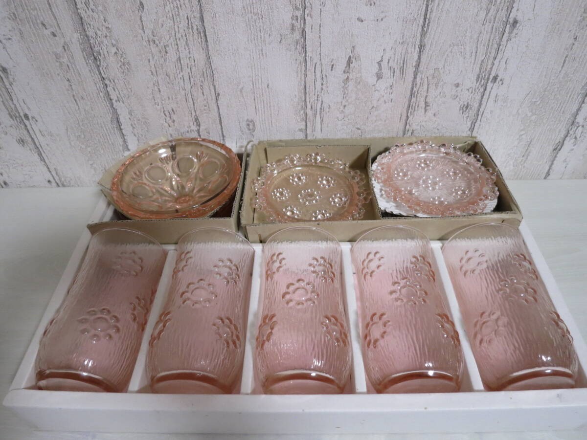 Aderia Picot Ishizuka Glass Pink x 5 Plate Showa Retro Rare Vintage Japan
