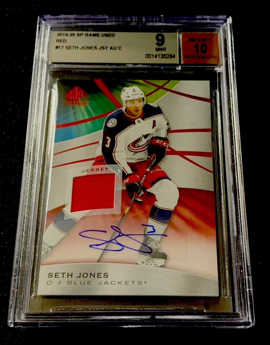 SETH JONES RARE RELIC AUTO MINT 2019-20 SP Game Used Red Blue Jackets BGS 9 SETH JONES RARE RELIC AUTO MINT 2019-20 SP Game Used Red Blue Jackets BGS 9