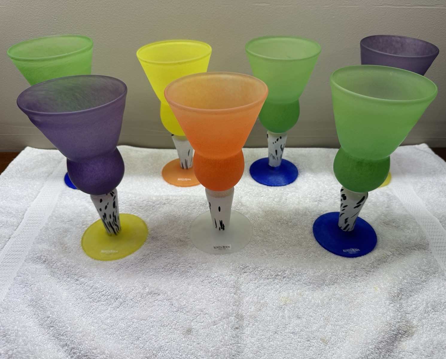 Kosta Boda Signed Art Glass Goblet Set of 7 Multicolor Glasses Kosta Boda Signed Art Glass Goblet Set of 7 Multicolor Glasses