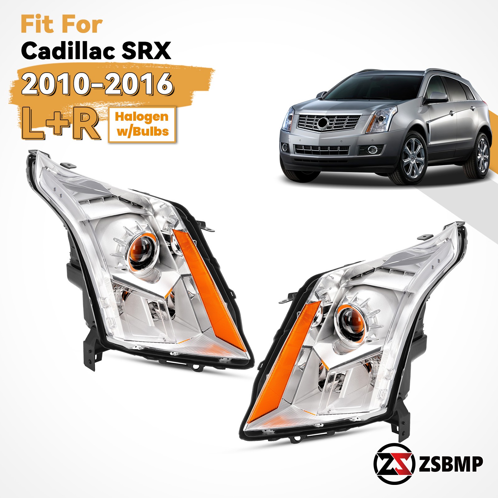 For 2010-2016 Cadillac SRX Halogen w/ LED Projector Headlights Left+Right Side