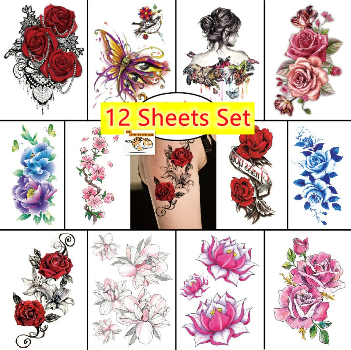 Set of 12 Sheets Waterproof Temporary Fake Tattoo Stickers Flower Arm & Body Art