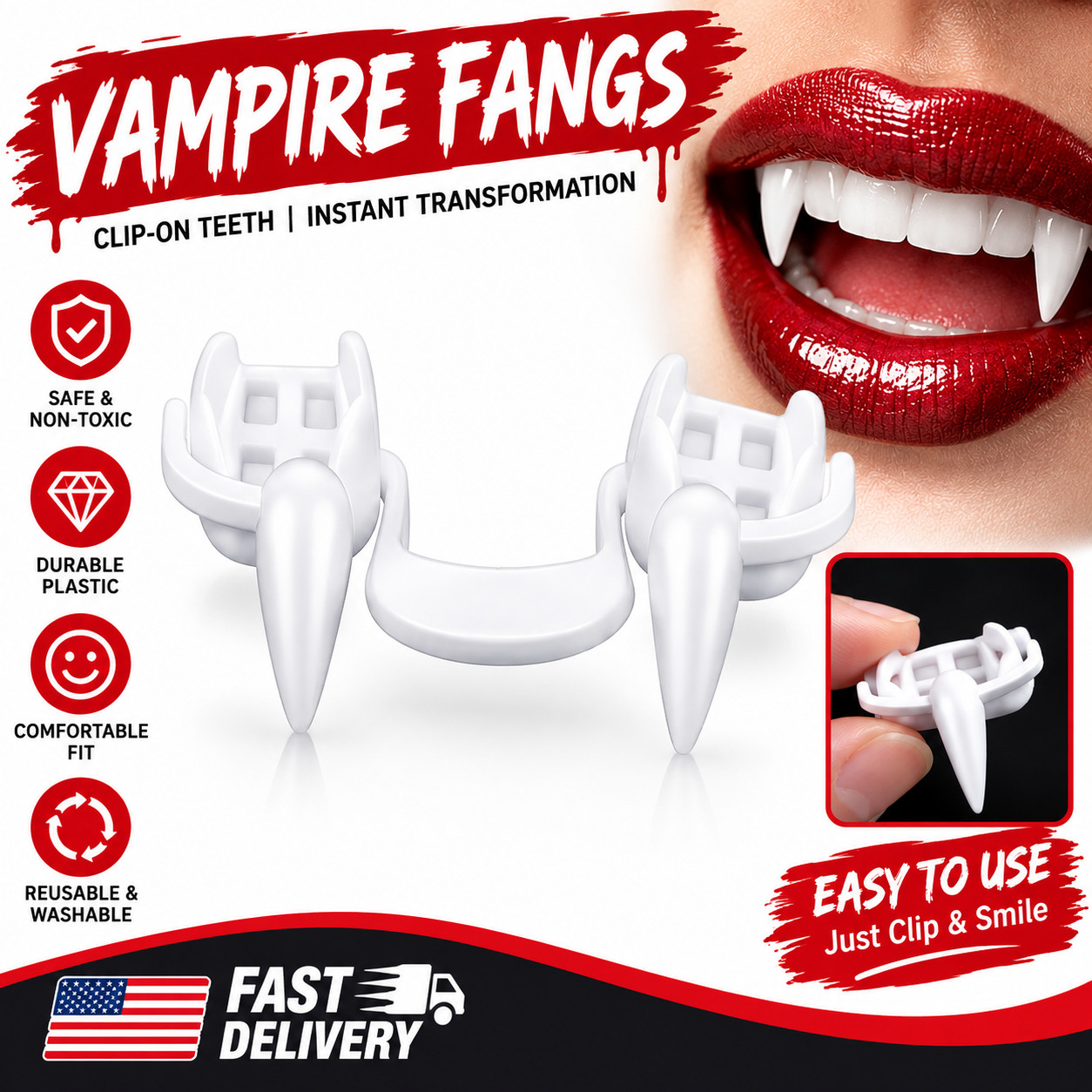 1×Retractable Vampire Teeth Fangs Halloween Cosplay Makeup Zombie Dentures Teeth
