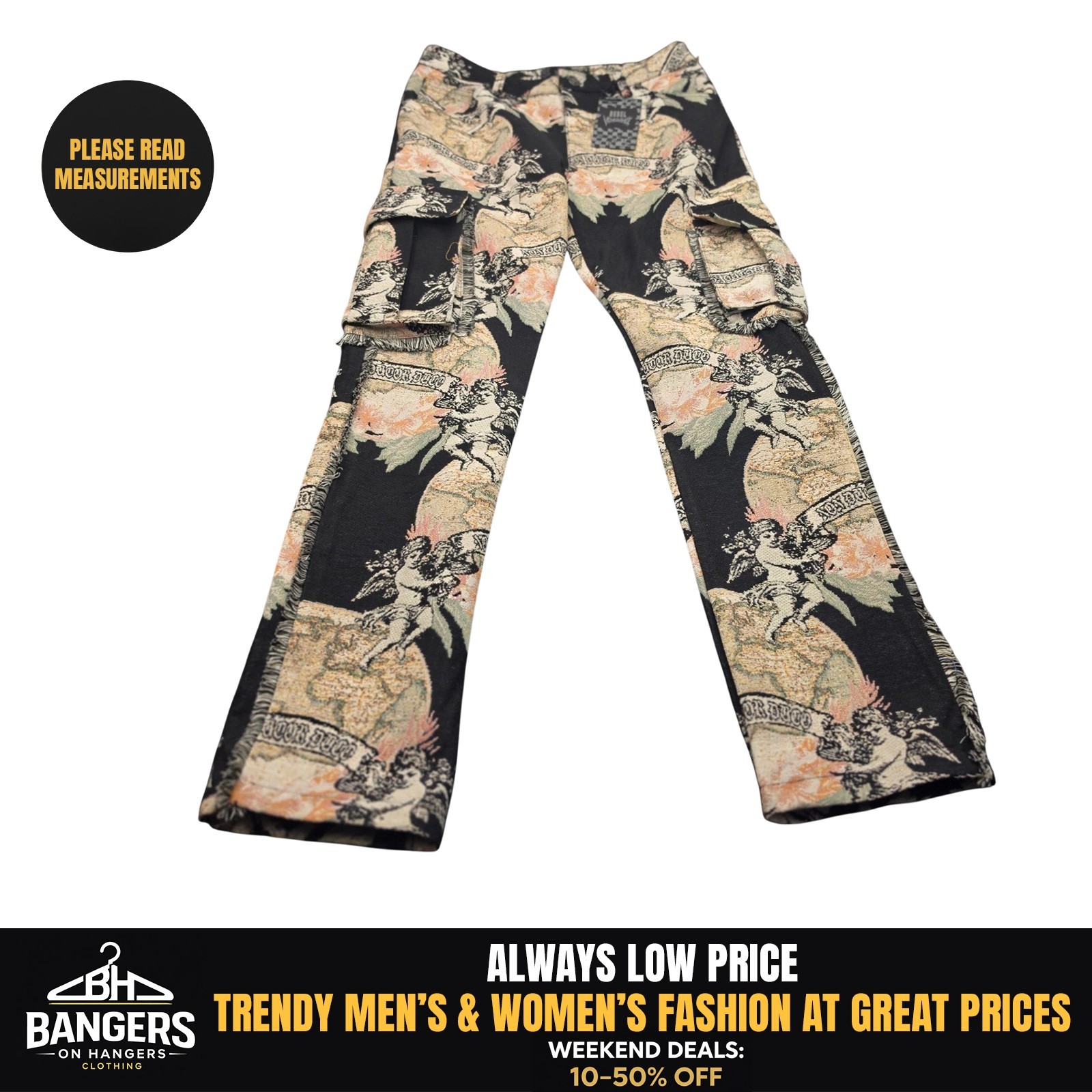NWT Rebel Vengeance Cargo Pants Mens 34 Black Tapestry Cherub Fringe Streetwear