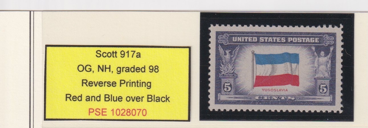 U.S. Sc #917a Yugoslavia Reverse Printing of Flag Colors w/PSE Cert Superb 98 NH