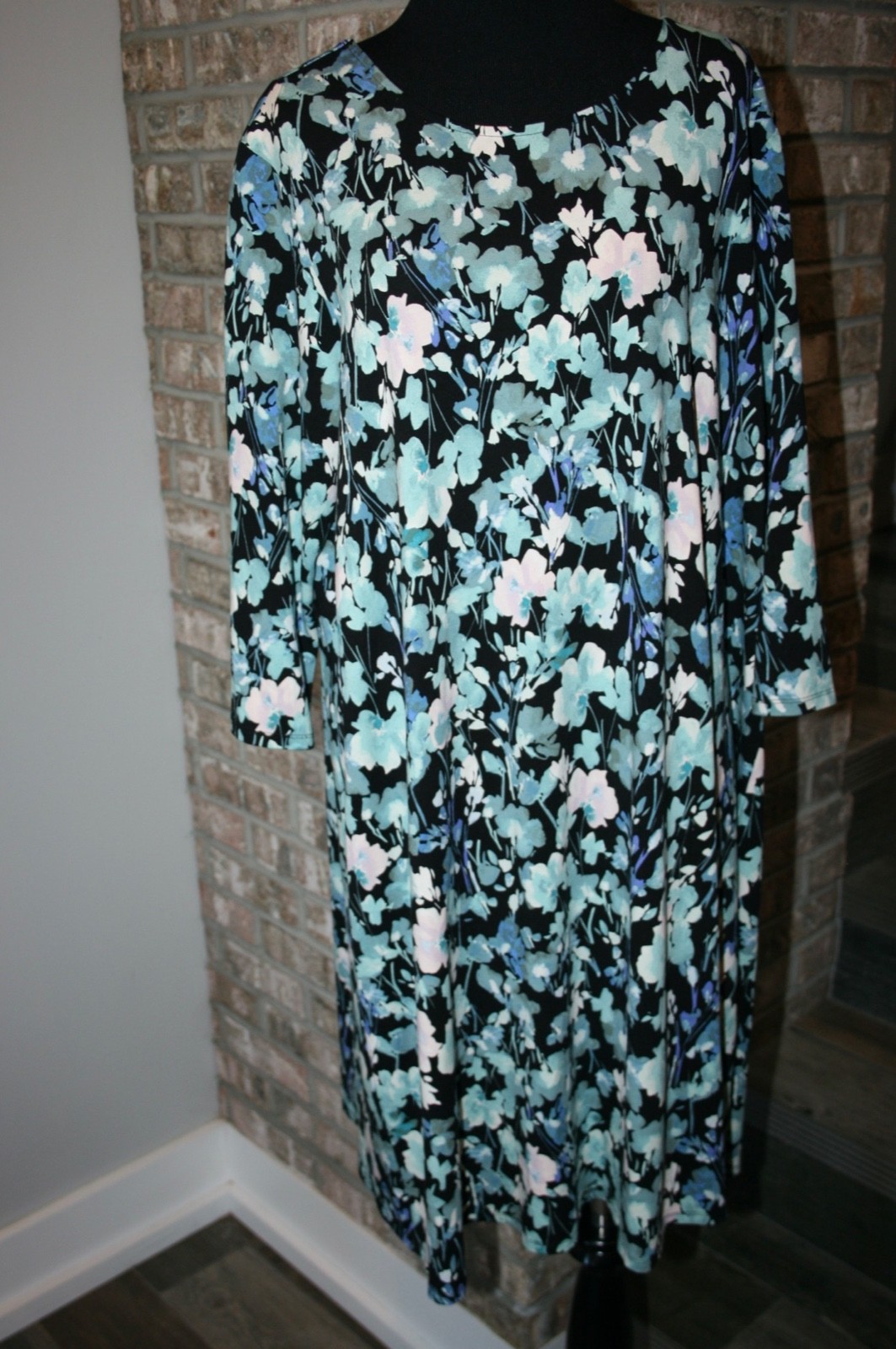 J. Jill Wearever Collection Black Blue Floral Stretchy 3/4 Sleeve Dress SZ 1X
