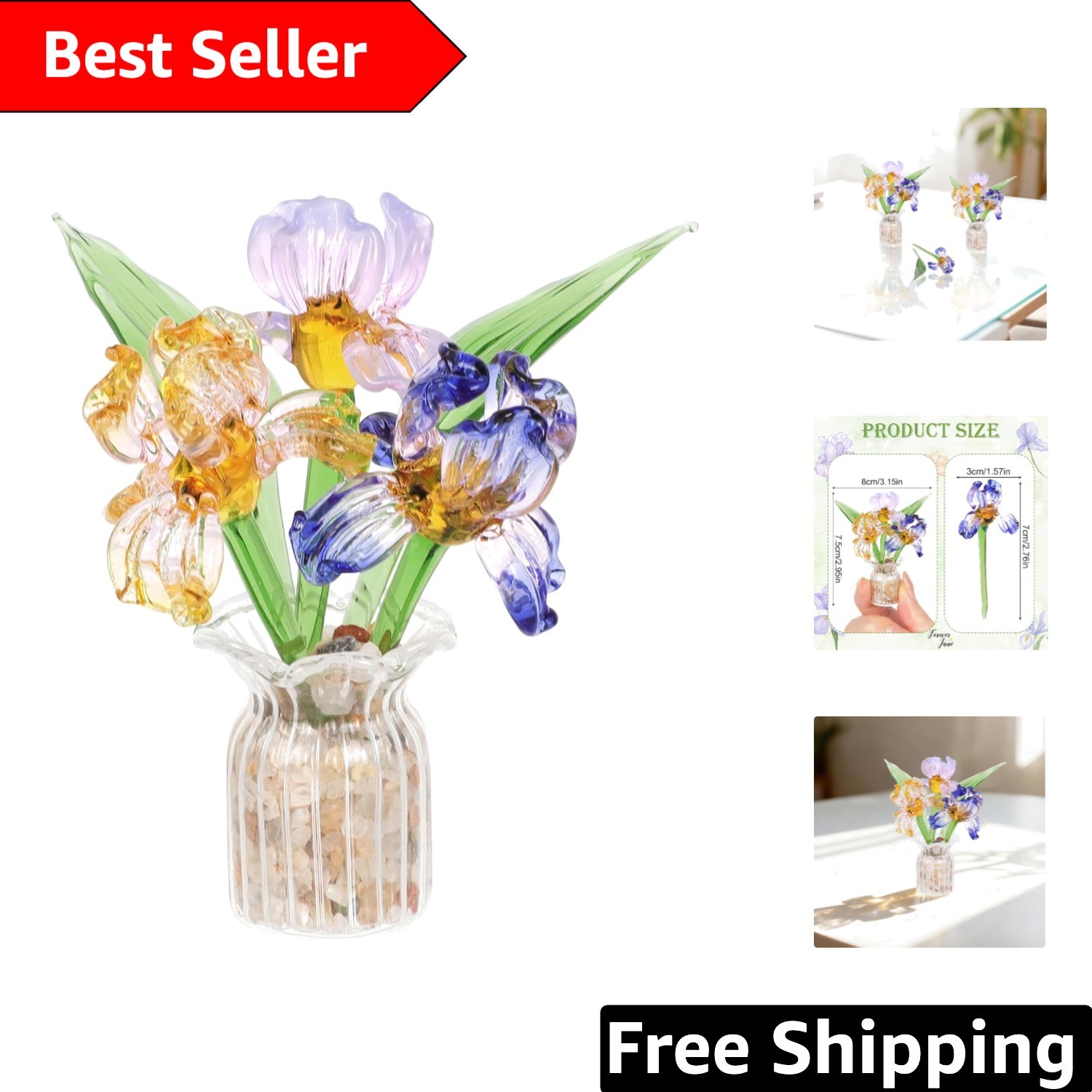 Colorful Handmade Mini Glass Flower Bouquets with Vase - Charming Centerpiece