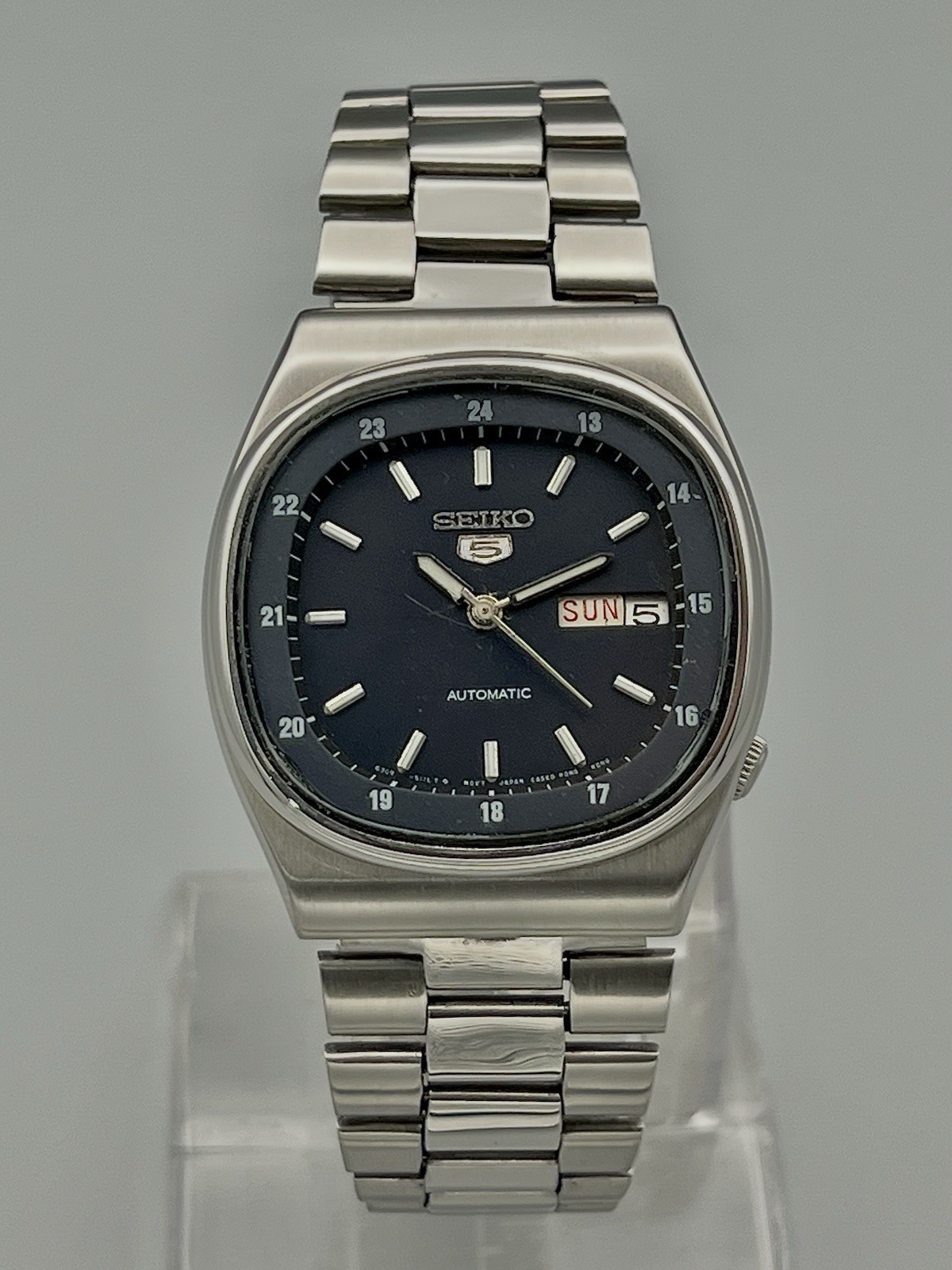 Vintage Seiko 5 Automatic Railway Time Dark Blue Dial Day/Date Japan Men\'s Watch