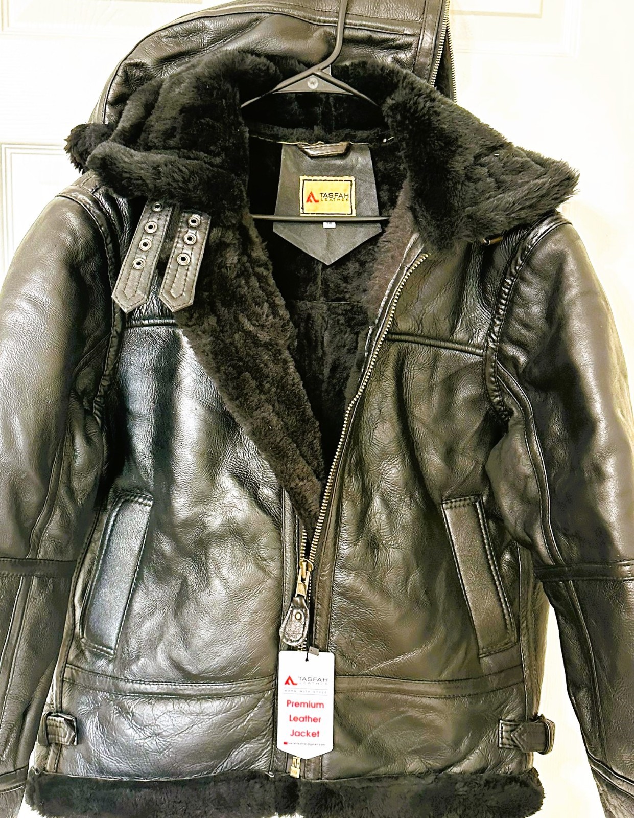 B3 RAF Aviator Shearling Bomber Jacket Black Ginger Fur Hood Sheepskin (MEDIUM)