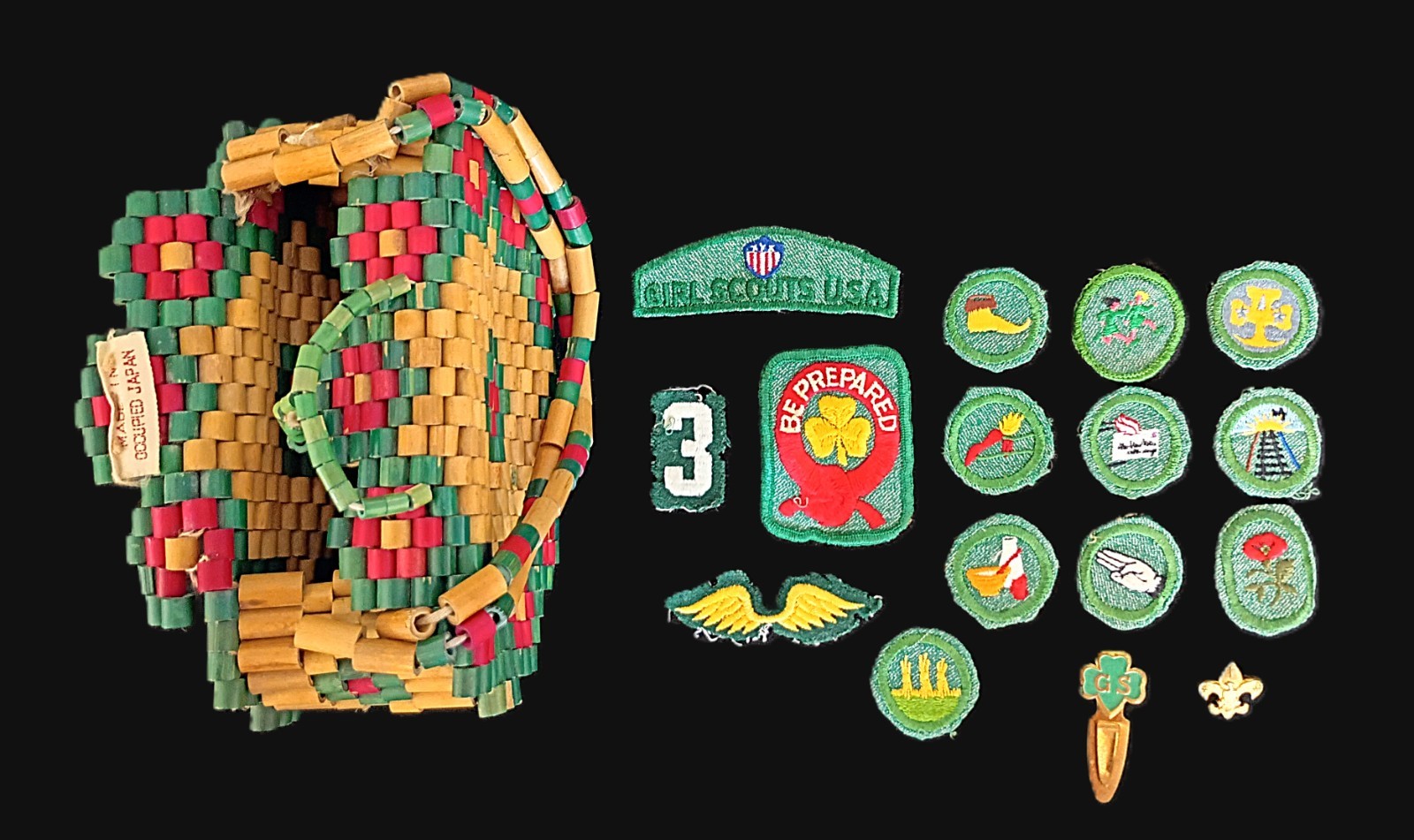 c. 1949-1952 Japan Girl Scouts USA Lot Bead Purse Patches Pin Troop 3 Overseas