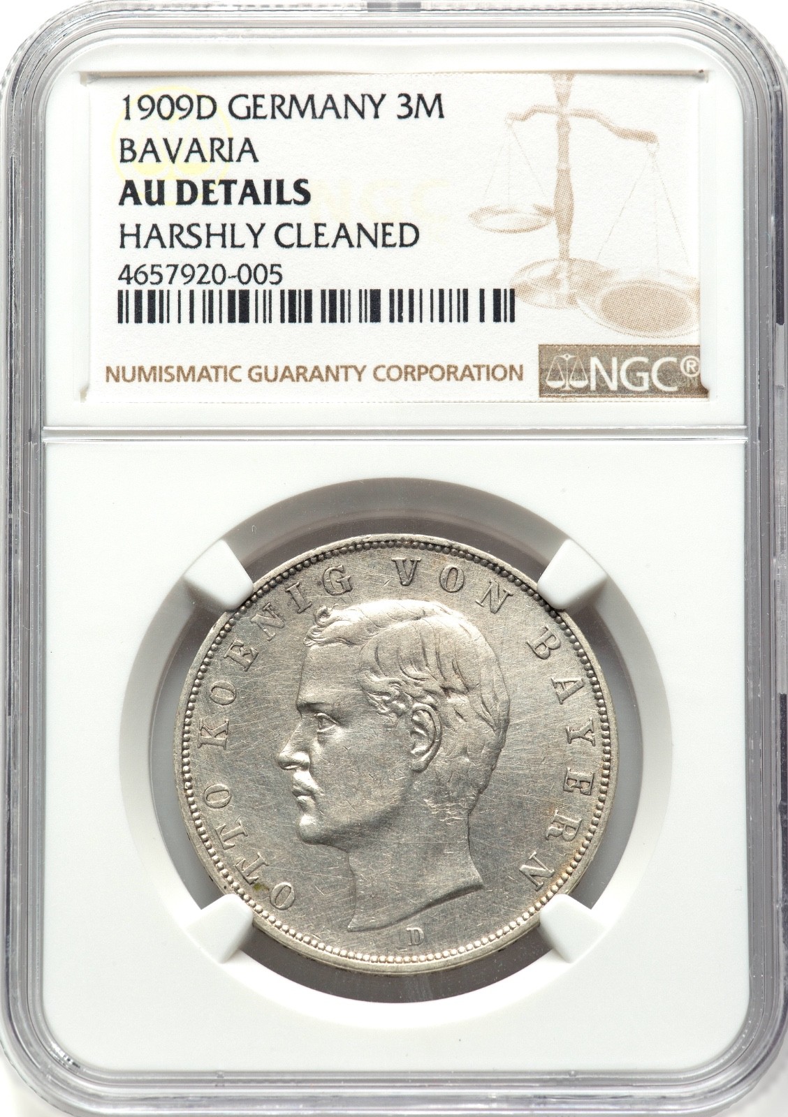 GERMAN STATES BAVARIA  1909-D  3 MARK SILVER COIN, NGC CERTIFIED AU DETAILS