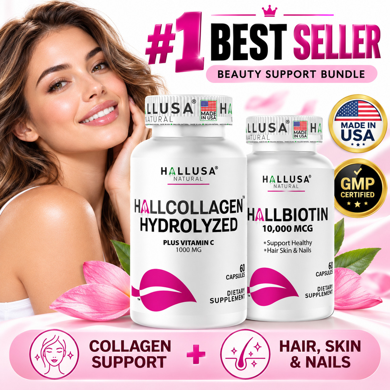 Biotin 10000 mcg + Hydrolyzed Collagen 1000 mg Hair Skin Nails 120 capsules