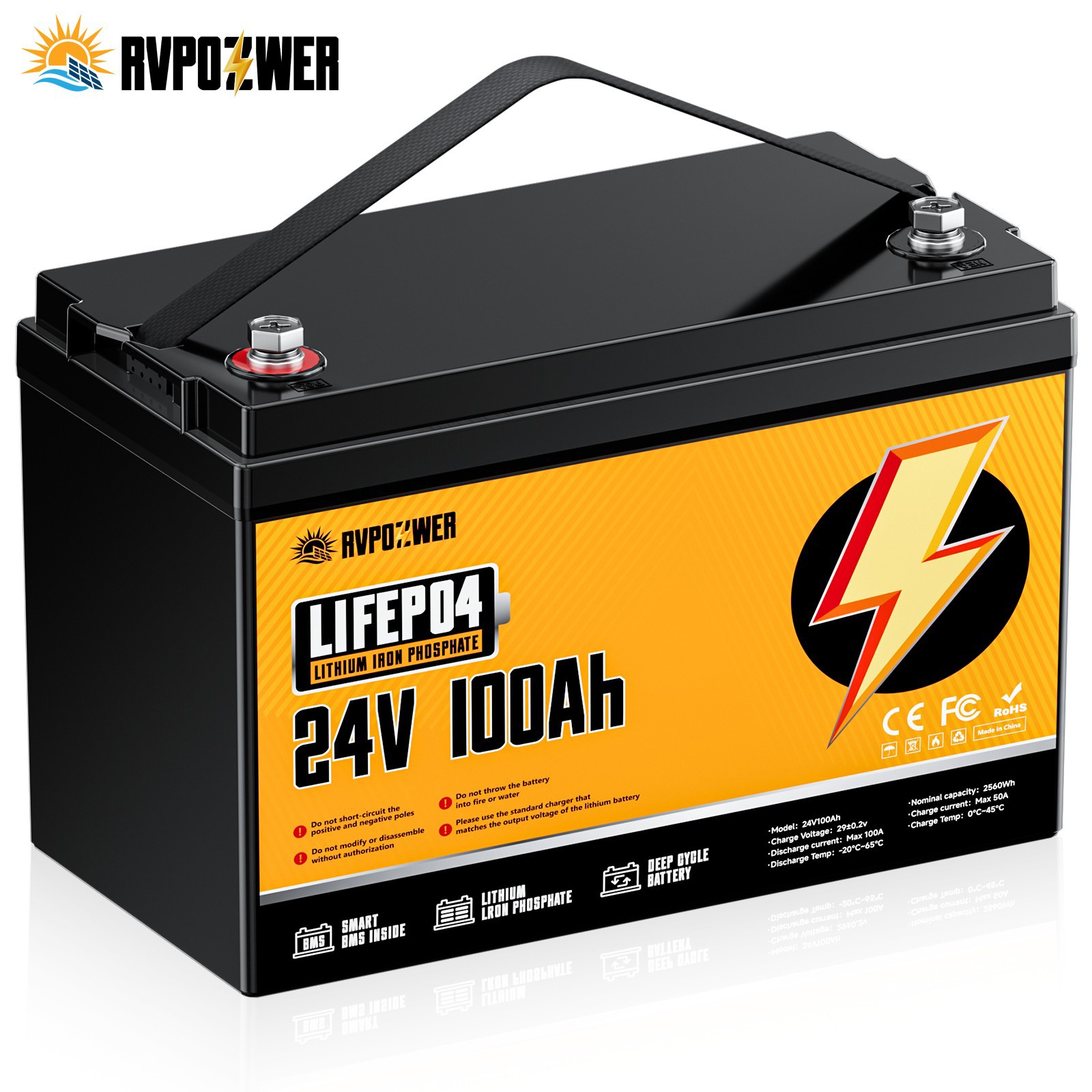24V 100Ah LiFePO4 Lithium Battery Deep Cycle BMS Off-grid For RV Solar Marine